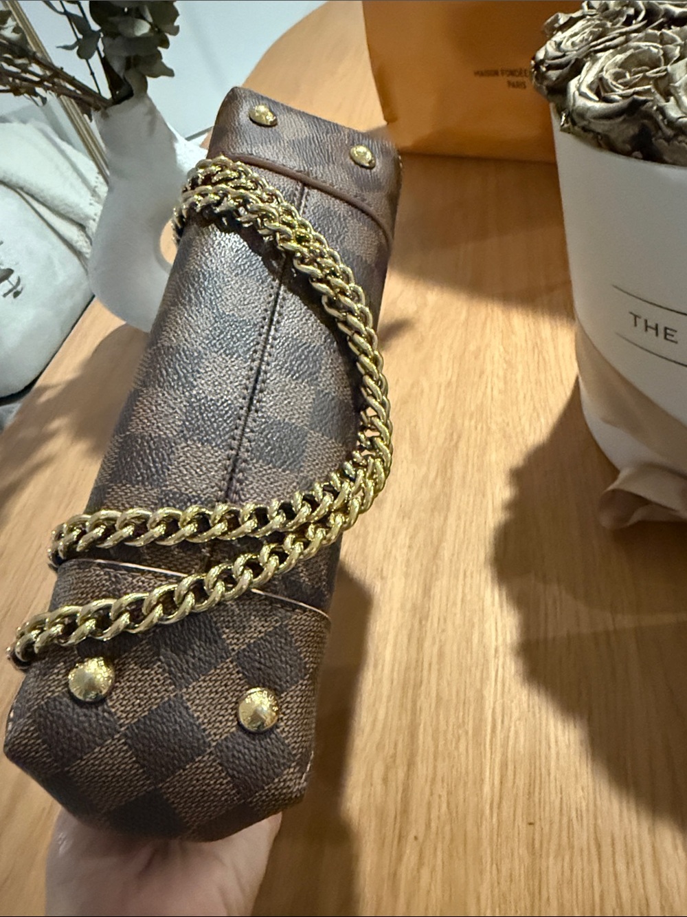 Louis Vuitton Damier Ebene Caissa Clutch/Shoulder Bag with Pink Trim and Gold - Picture 6 of 7